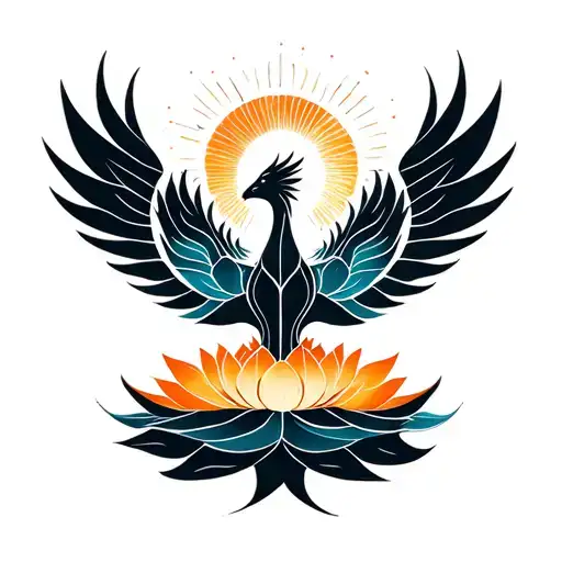 Phoenix coming out of a lotus flower that flies away to reach the sun tattoo design idea