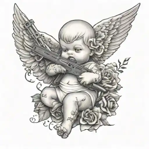 Leg sleeve of a baby Baby angel with a ski mask on holding an ak47 with flowers all around it black and white  tattoo design idea