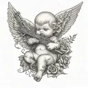 Leg sleeve of a baby Baby angel with a ski mask on holding an ak47 with flowers all around it black and white  tattoo design idea