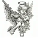 Leg sleeve of a baby Baby angel with a ski mask on holding an ak47 with flowers all around it black and white  tattoo design idea
