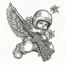 Leg sleeve of a baby Baby angel with a ski mask on holding an ak47 with flowers all around it black and white  tattoo design idea