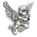 Leg sleeve of a baby Baby angel with a ski mask on holding an ak47 with flowers all around it black and white  tattoo design idea