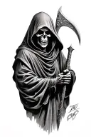 hooded Reaper, darkness,, scary, holding a scythe, blade tattoo design idea