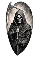 hooded Reaper, darkness,, scary, holding a scythe, blade tattoo design idea