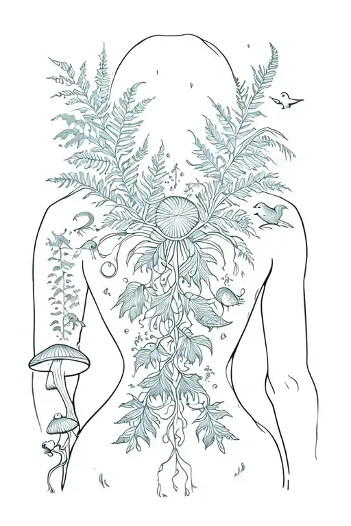 ornamental back piece with vines and ferns mushrooms and birds and sea creatures covering the back in a minimalistic sty tattoo design idea