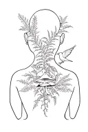 ornamental back piece with vines and ferns mushrooms and birds and sea creatures covering the back in a minimalistic sty tattoo design idea