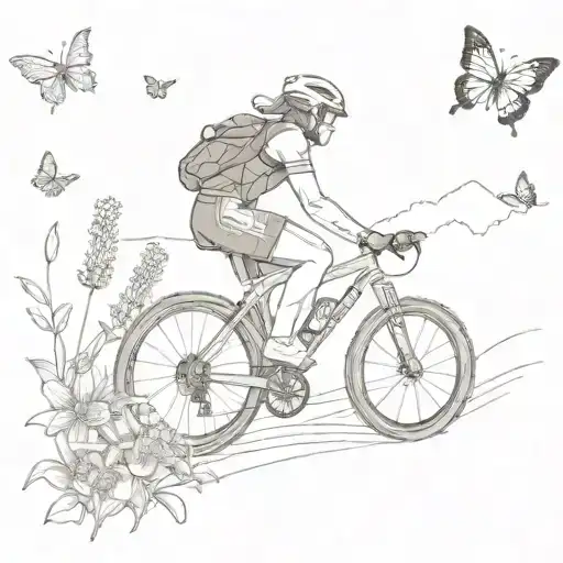 A sketch-style tattoo of a triathlete biking through a scenic trail with wildflowers and butterflies in the background tattoo design idea