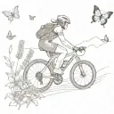 A sketch-style tattoo of a triathlete biking through a scenic trail with wildflowers and butterflies in the background tattoo design idea