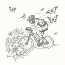 A sketch-style tattoo of a triathlete biking through a scenic trail with wildflowers and butterflies in the background tattoo design idea