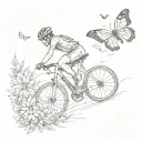 A sketch-style tattoo of a triathlete biking through a scenic trail with wildflowers and butterflies in the background tattoo design idea