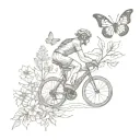A sketch-style tattoo of a triathlete biking through a scenic trail with wildflowers and butterflies in the background tattoo design idea