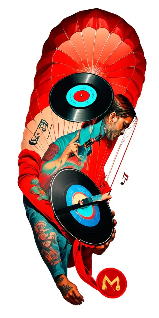 dj vinyl and music symbols incorporated with a red parachute tattoo design idea