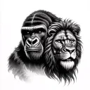"Design a hyper-realistic black and grey tattoo featuring a powerful fusion of a gorilla, a lion, and a Roman gladiator. tattoo design idea
