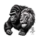"Design a hyper-realistic black and grey tattoo featuring a powerful fusion of a gorilla, a lion, and a Roman gladiator. tattoo design idea