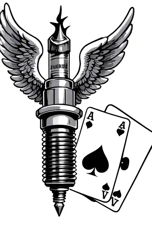 spark plug with angel wings and two playing cards tattoo design idea