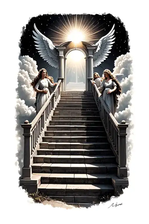 stairway to heaven walking up stairs angels sun rays clouds heaven gate at the top of the stairs  tattoo design idea