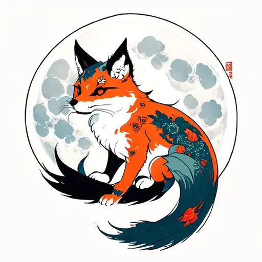 full moon under nine tailed fox tattoo design idea
