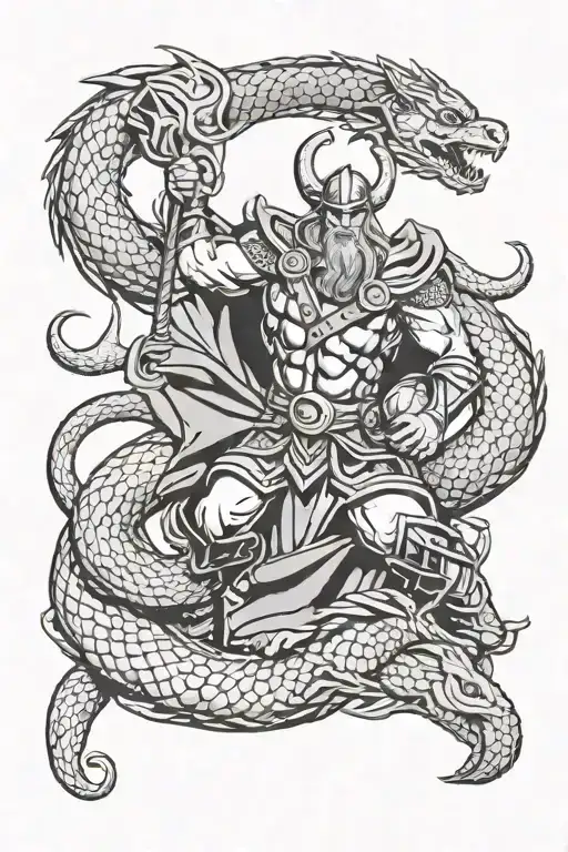 The norse god Thor is fighting the world snake Jormungandr  tattoo design idea