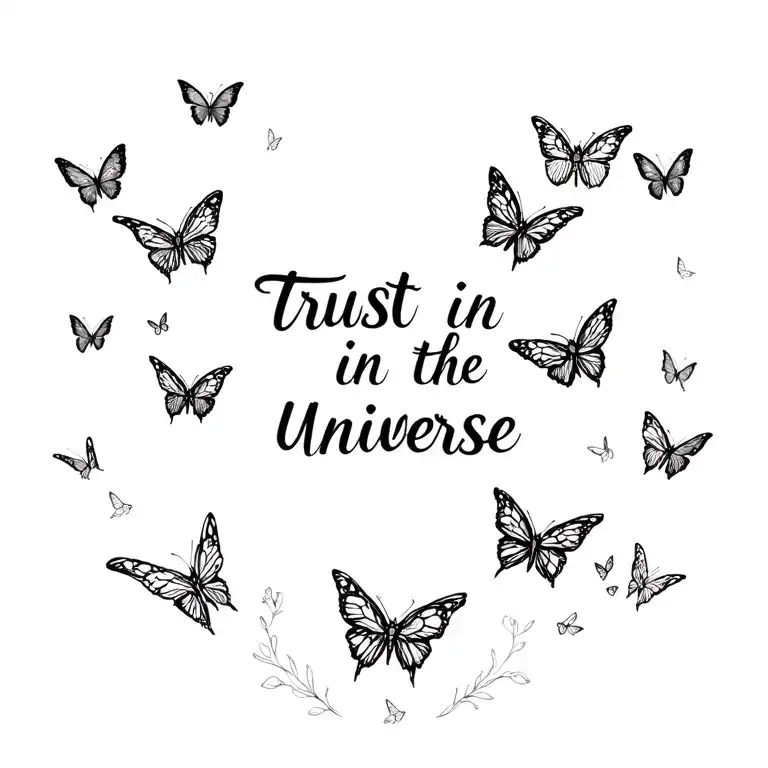 spine tattoo, butterflies fluttering around the cursive text reading "trust in the universe" tattoo design idea