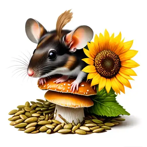 mouse sitting on top of mushroom holding a sunflower seed tattoo design idea