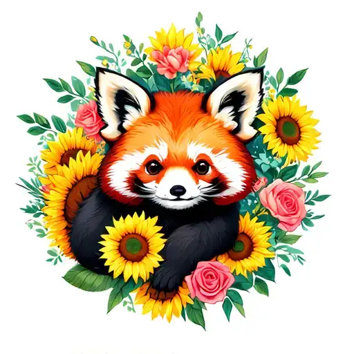red panda with arctic fox surrounded of sunflowers, carnations, and roses. happy  tattoo design idea