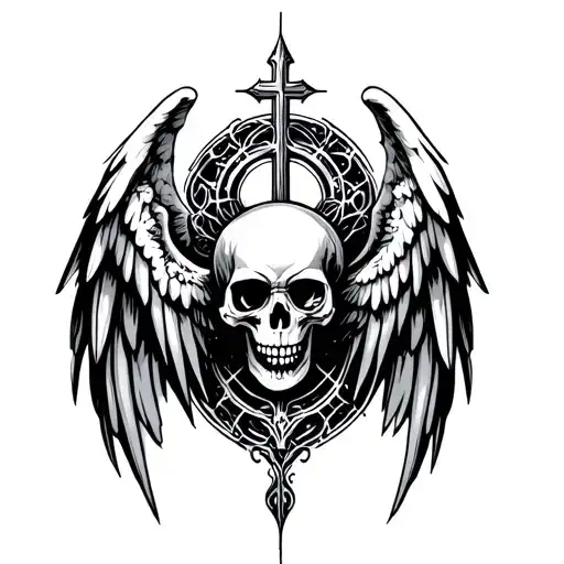 cross angel wings skull surrounded cyber sigilism tattoo tattoo design idea