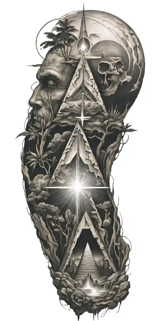 tattoo representing a light above “higher being” and below a cross chretian, a pyramid, a sign  past and futur vague nua tattoo design idea