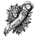 arm sleeve with the name smith , roses , a lion , clocks etc tattoo design idea