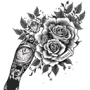 arm sleeve with the name smith , roses , a lion , clocks etc tattoo design idea