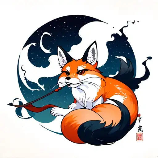 Kitsune, a cunning fox Yokai, hunts, everywhere smoke, in the background the moon crescent tattoo design idea