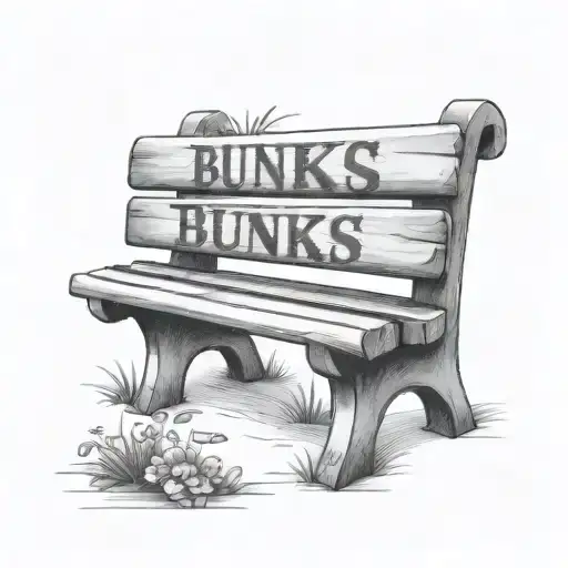 park bench facing forward with text 'BUNKS' tattoo design idea