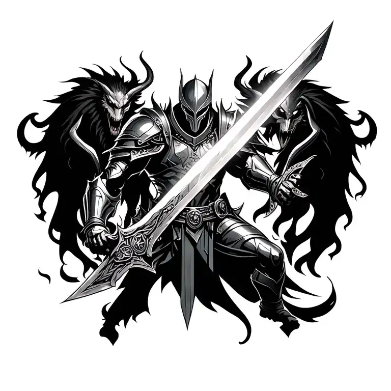 knight fighting demons with a flaming sword tattoo design idea