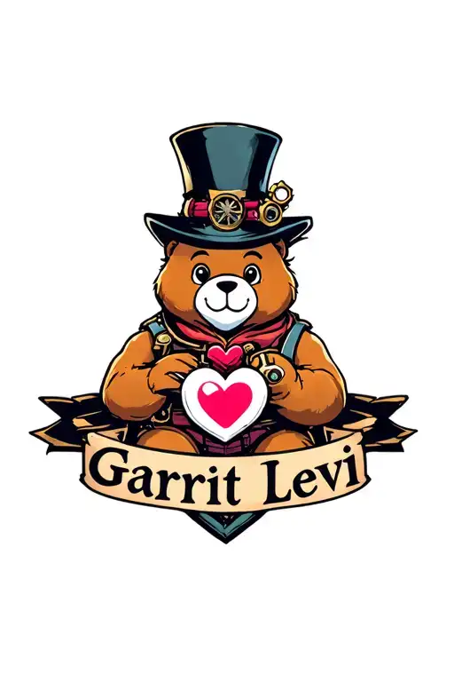 "Garrit Levi" Gaming carebear zoned in- out. little steampunk feel. a heart mom tattoo on his left arm tattoo design idea