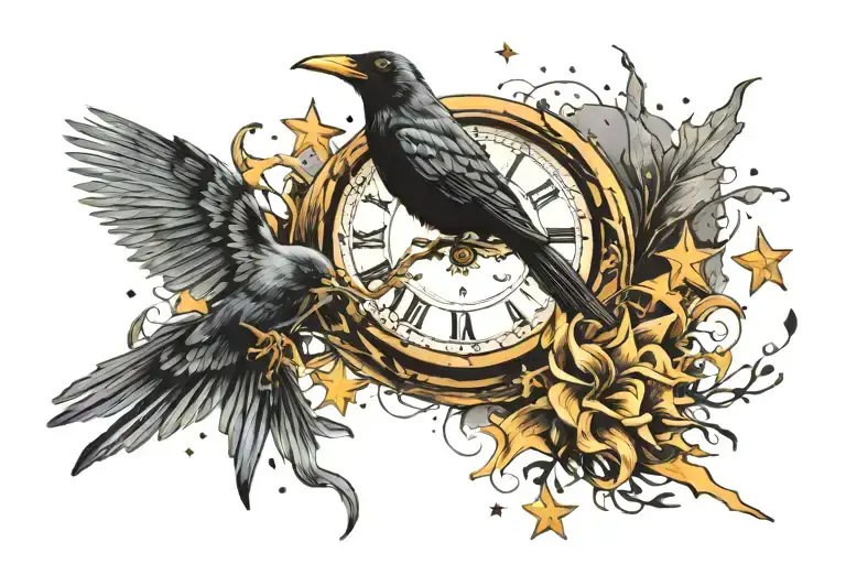 crow broken clock shooting star passing tattoo design idea