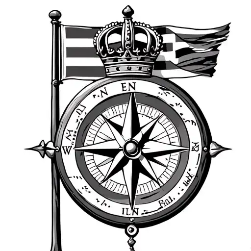 Greek navigation compass and flag with crown tattoo design idea