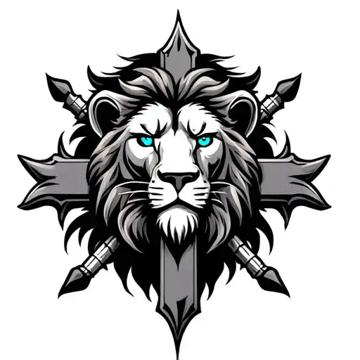 Design a drawing logo using a three nail cross with a lion’s head with blue eyes in the middle of the cross tattoo design idea