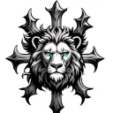 Design a drawing logo using a three nail cross with a lion’s head with blue eyes in the middle of the cross tattoo design idea