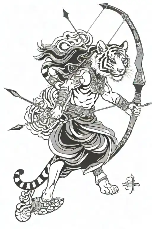 dharmasashta, arrow and bow, tiger, sarala devi sati being tattoo design idea