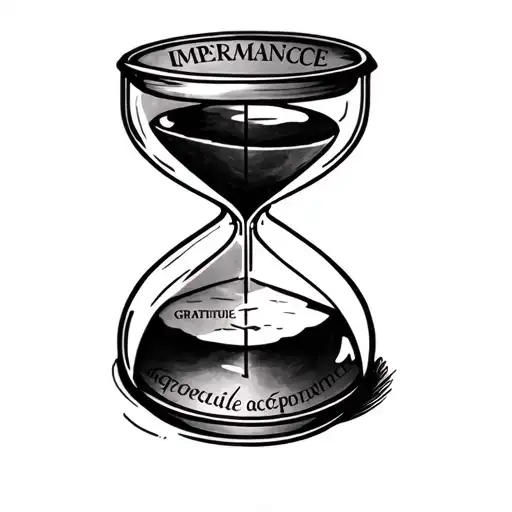 hour glass tattoo. on the outside have a circle of words with the words impermanence mindfulness gratitude acceptance tattoo design idea