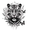 tiger with butterfly trail wrapped with vine tattoo design idea