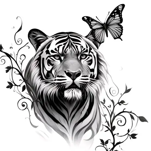 tiger with butterfly trail wrapped with vine tattoo design idea