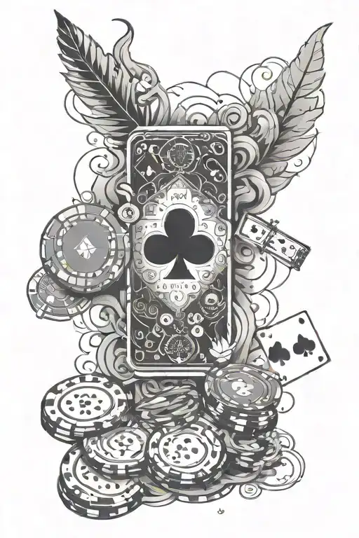 Minimalist arm sleeve tattoo with poker chips, cards, dice, and smoke wisps, using bold outlines and light shading. tattoo design idea