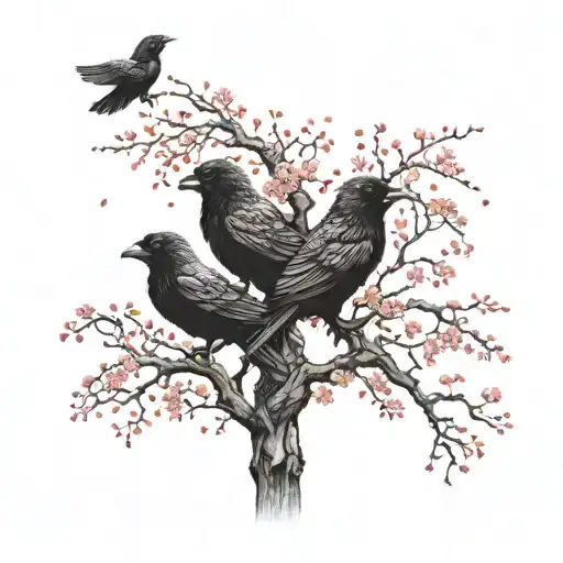 Red Sakura Tree of Life with 2 Adult Crows and 1 Baby Crow tattoo design idea