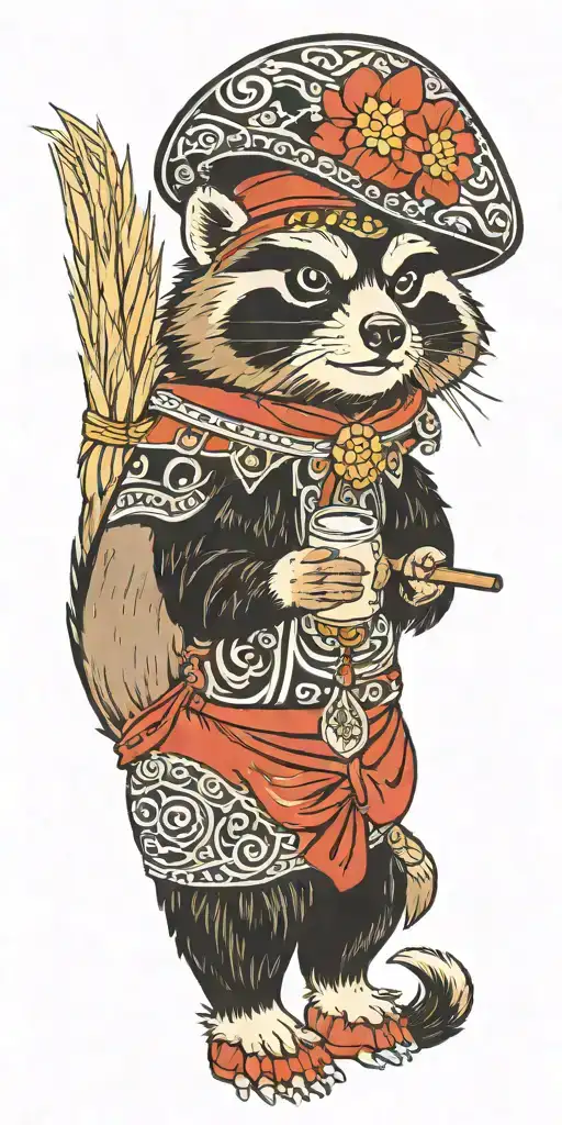 good fortune tanuki with straw  hat and soju tattoo design idea