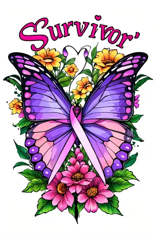 "Survivor" butterfly with thyroid cancer ribbon and flowers intertwined tattoo design idea