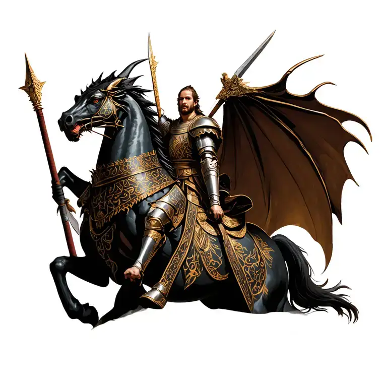 Saint George the Dragon-Slayer in detailed Byzantine armor from 9th century, riding a massive imperial black-and-gold ea tattoo design idea