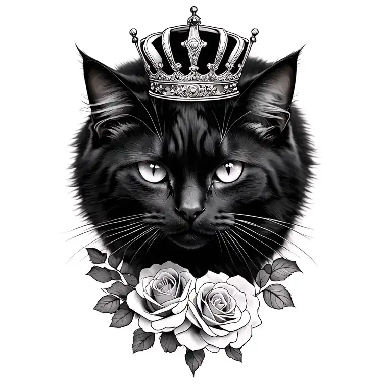 Black cat with crown and roses tattoo design idea