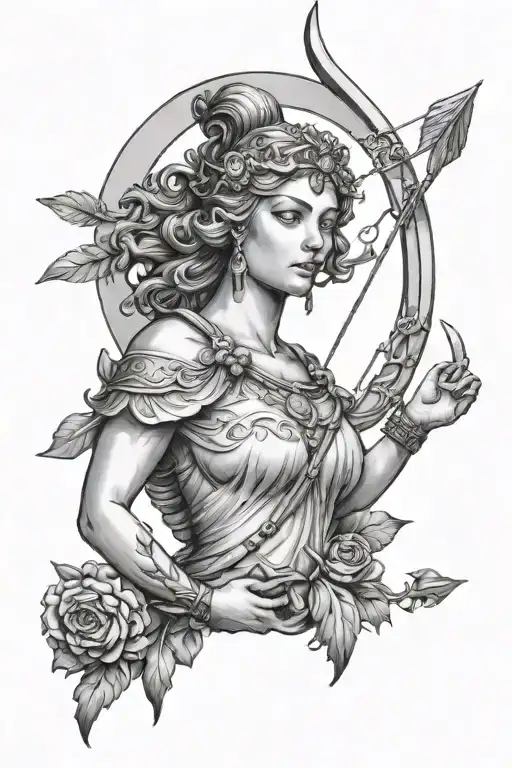 Goddess artemis statue moon and arrow piercing tattoo design idea