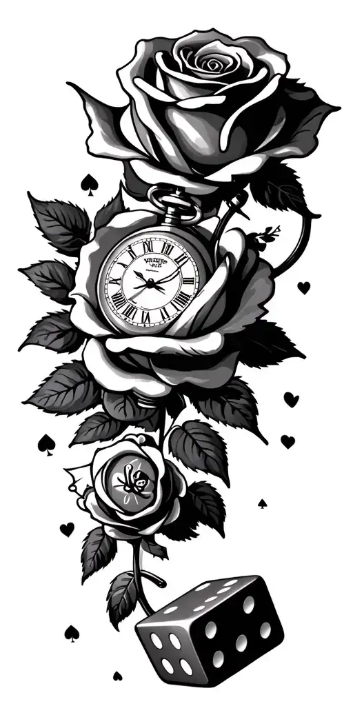 casino, dice, playing cards, roses, pocket watch, old car tattoo design idea