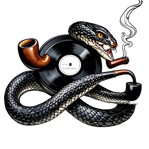 americana snake with record, smoking a pipe tattoo design idea